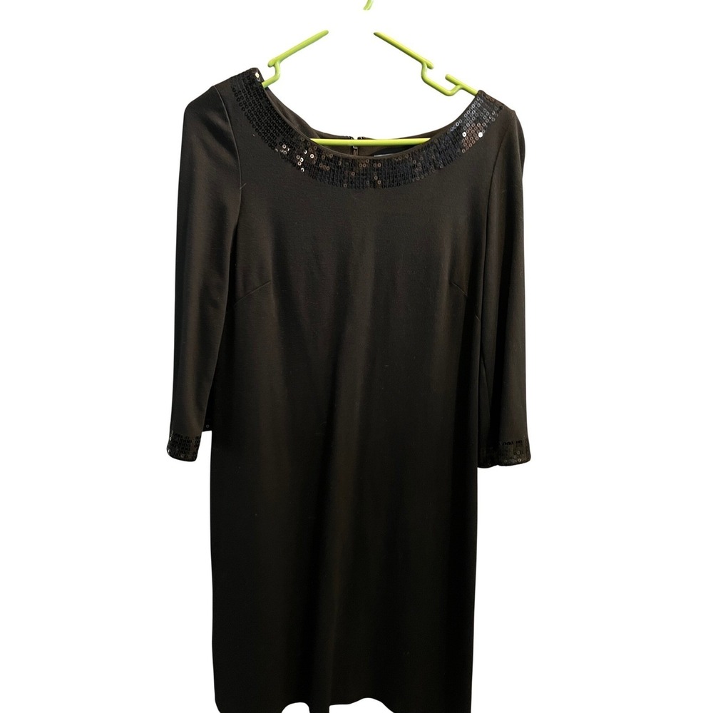 Ann Taylor Womens Black Sequin Trim 3/4 Sleeve Sheath Dress Size 8 LBD Cocktail